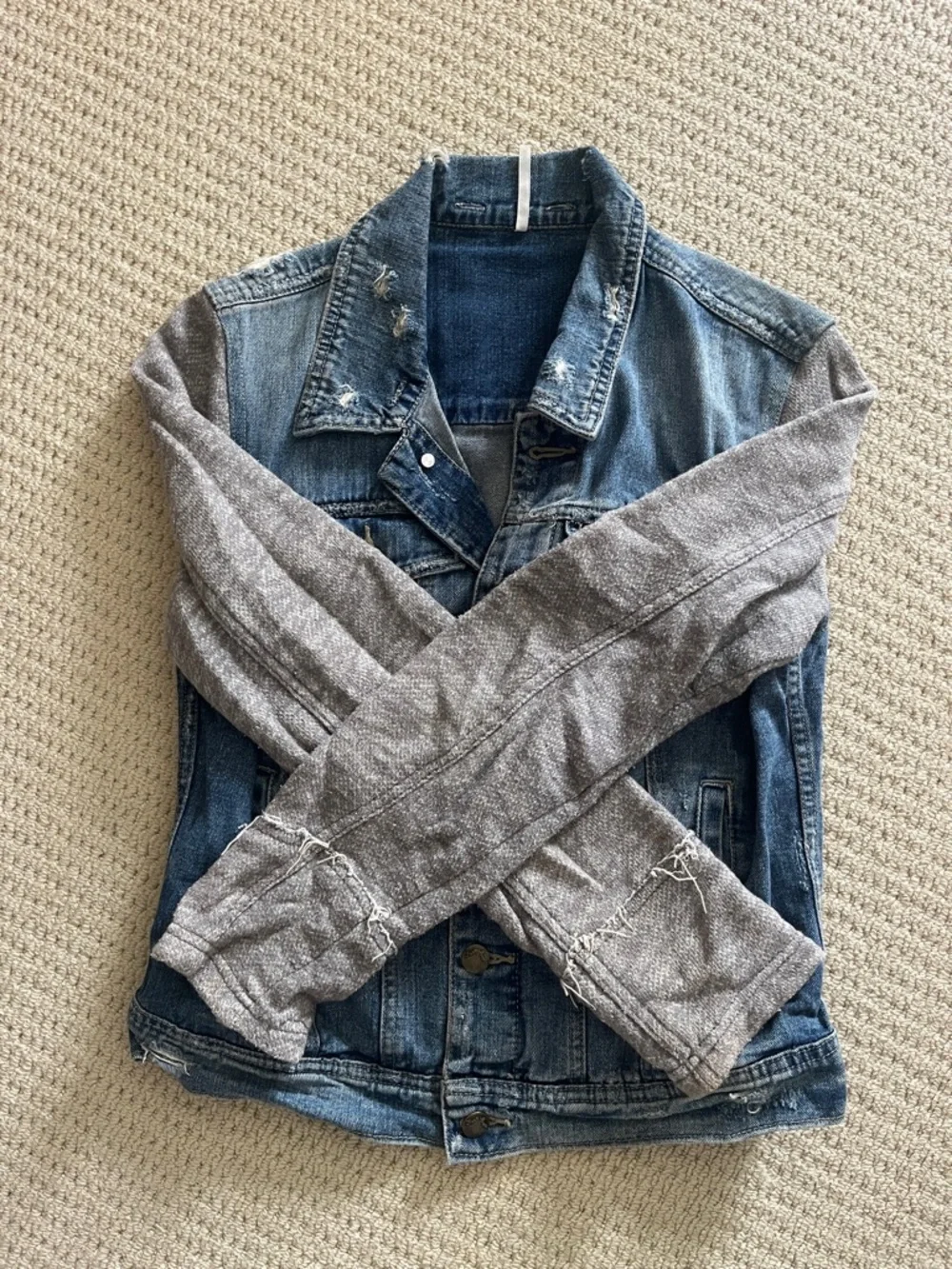 Free People Denim Jacket with Heather Gray Knit Sleeves - Blue & Gray - Picture 5 of 6